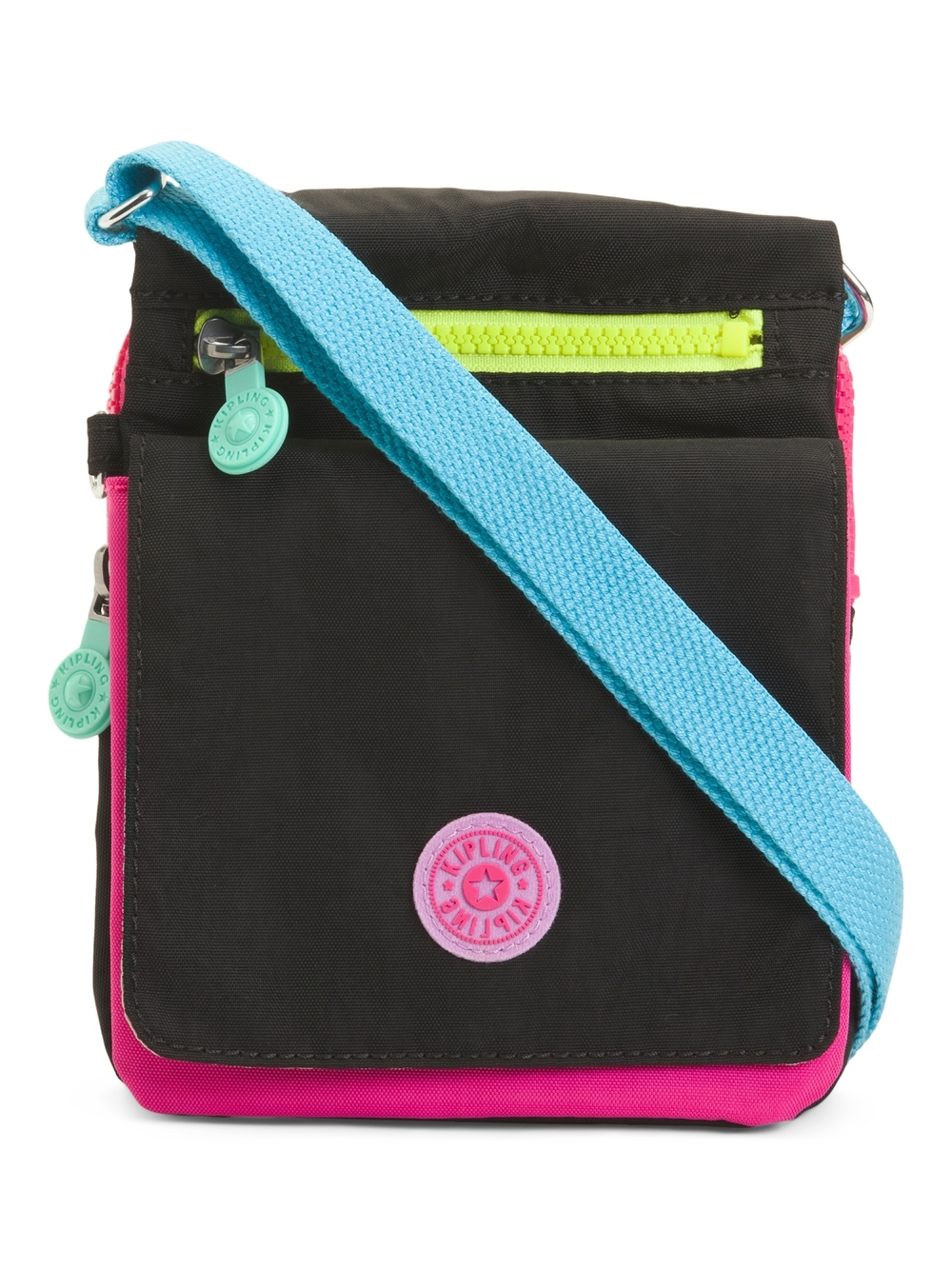 Kipling Black Pink Crossbody with Turquoise Strap and Lime Zipper